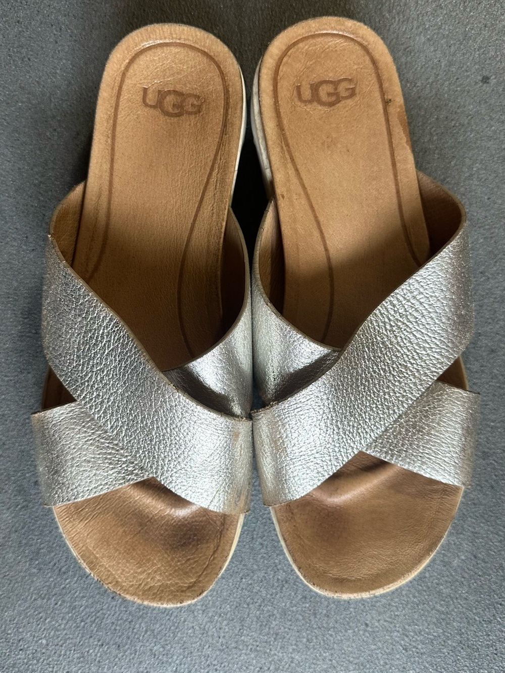 UGG Silver Crisscross Leather Slide Sandals for Women. Size 7